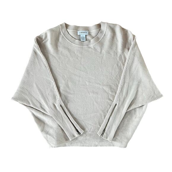 Carmen Carmen Marc Valvo Sweaters - Carmen Marc Valvo Oatmeal Neutral Ribbed Knit Zipper Sleeve Sweater | S